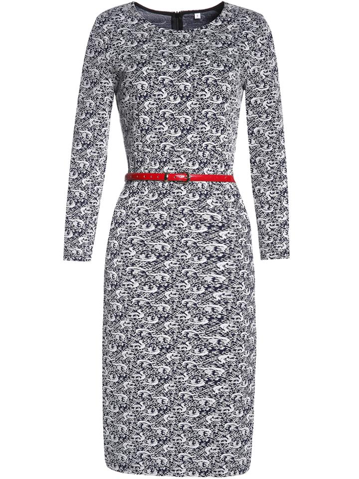 Shein Navy Crew Neck Jacquard Belted Sheath Dress
