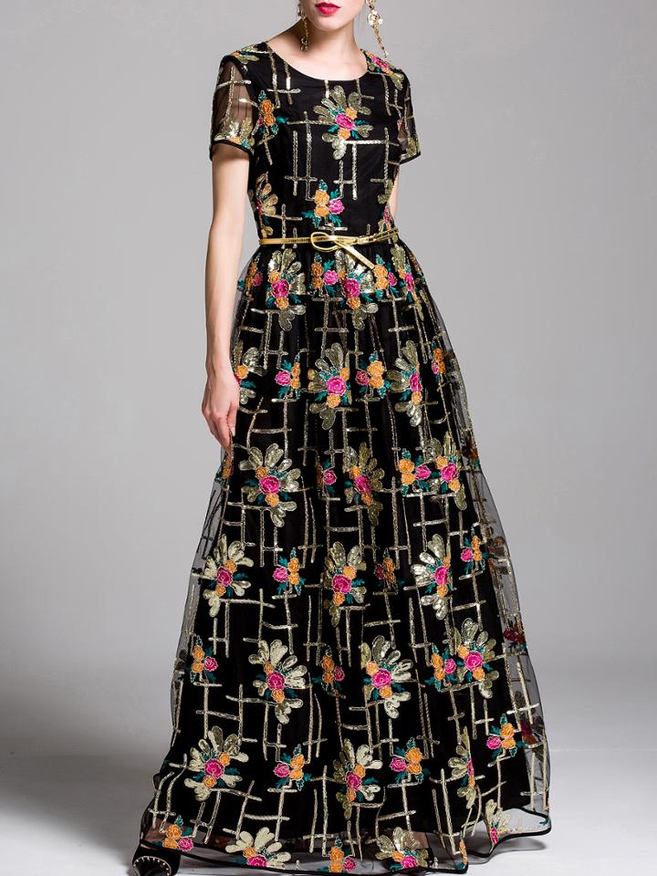 Shein Flowers Embroidered Sequined Maxi Dress