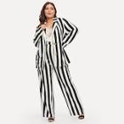 Shein Plus Notch Collar Striped Blazer And Pants Set
