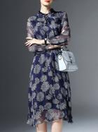 Shein Navy Tie Neck Floral Elastic-waist Dress