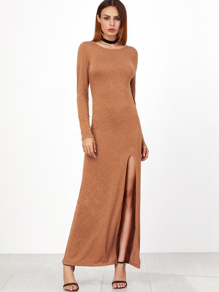 Shein Camel Marled High Slit Maxi Dress