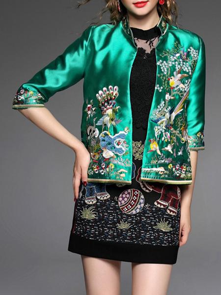 Shein Green Collar Animals Embroidered Coat