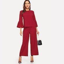 Shein Mock-neck Flounce Sleeve Top And Palazzo Pants Set