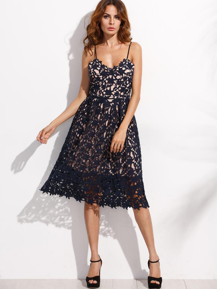 Shein Navy Embroidered Lace Overlay Cami Dress