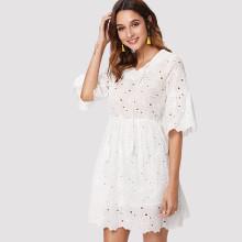 Shein Flounce Sleeve Eyelet Embroidery Dress