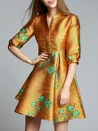 Shein Yellow V Neck Jacquard A-line Dress