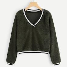 Shein Contrast Striped V Neck Teddy Sweatshirt