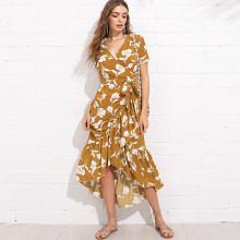 Shein Ruffle Trim Floral Print Knot Side Dress