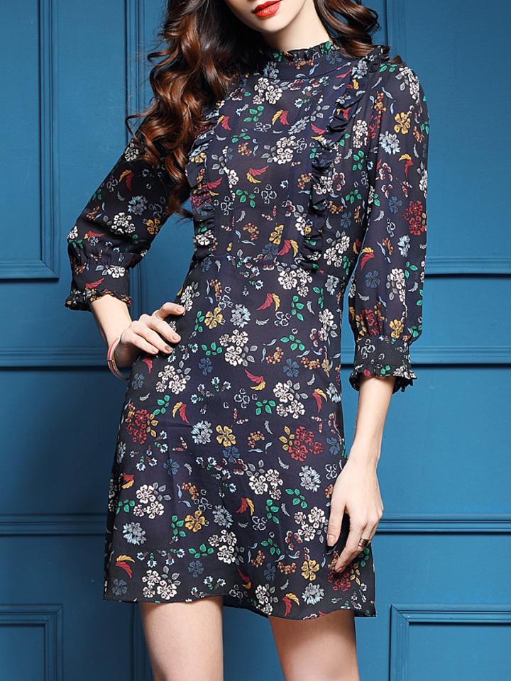 Shein Navy Floral Ruffle Shift Dress