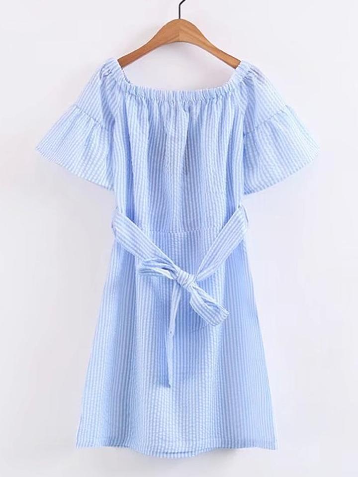 Shein Boat Neckline Bell Sleeve Dress With Self Tie