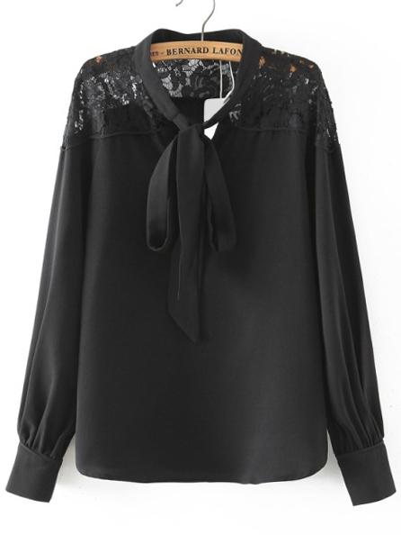 Shein Black Tie Collar Lace Loose Blouse