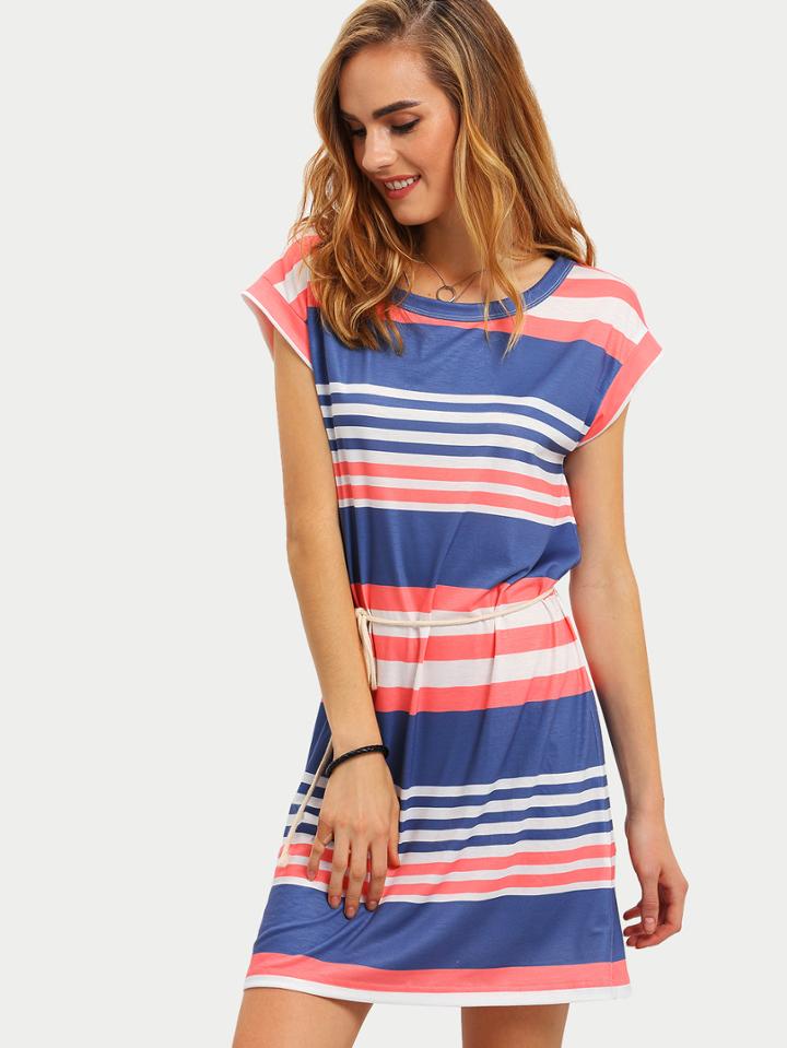 Shein Multicolor Striped Cap Sleeve Tie Waist Dress