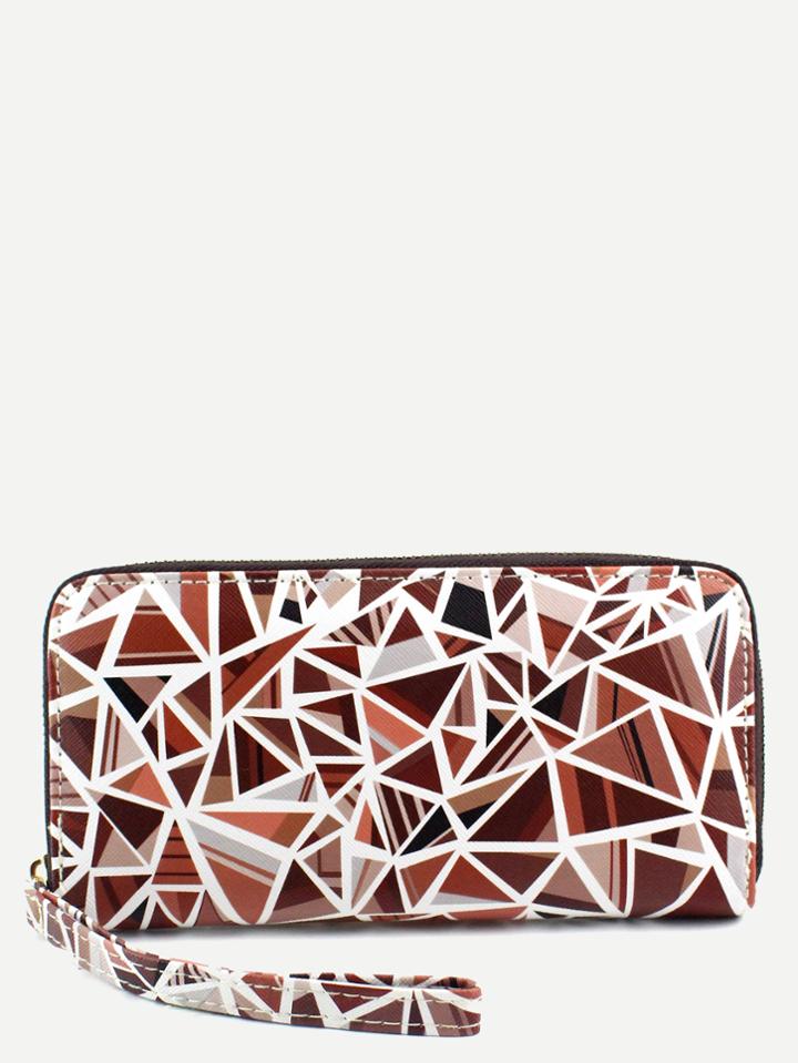 Shein Brown Pu Triangular Print Zip Closure Wallet