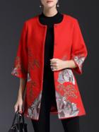 Shein Red Crew Neck Embroidered Pockets Coat