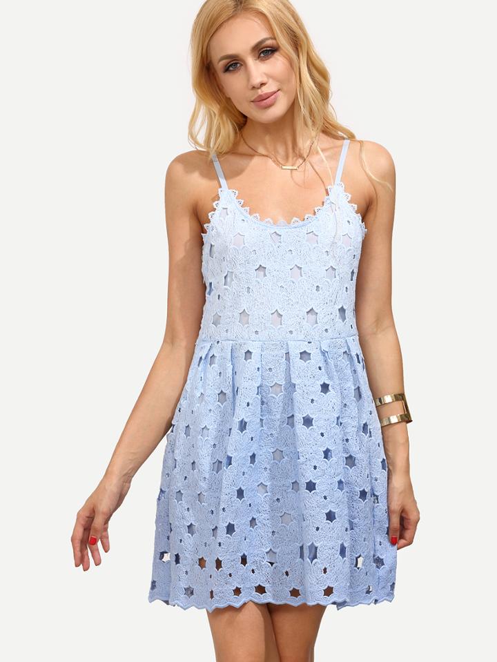 Shein Blue Flower Crochet Overlay Cami Dress