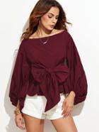 Shein Boat Neckline Lantern Sleeve Bow Tie Top