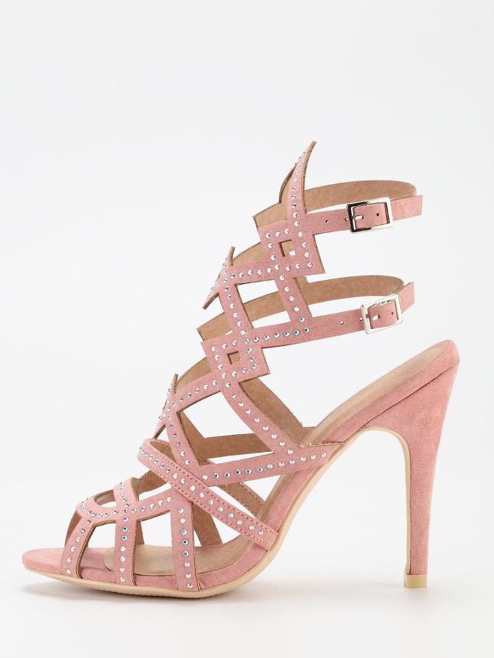 Shein Faux Suede Caged Studded Sandals - Pink