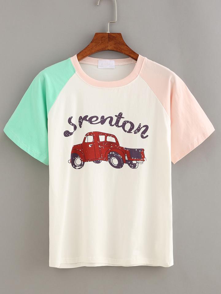 Shein Contrast Raglan Sleeve Car Print T-shirt