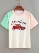 Shein Contrast Raglan Sleeve Car Print T-shirt
