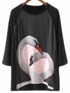 Shein Black Round Neck Goose Print Casual T-shirt