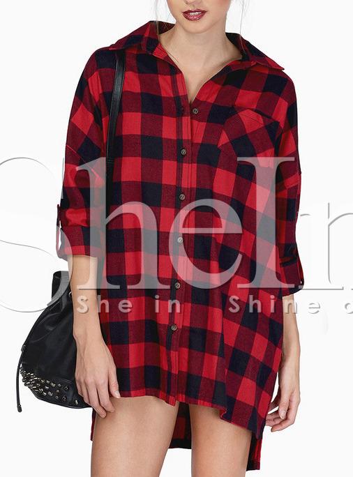 Shein Red Long Sleeve Plaid Checkerboard High Low Blouse