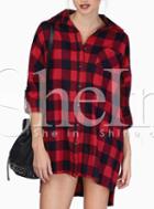 Shein Red Long Sleeve Plaid Checkerboard High Low Blouse