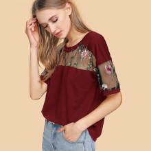 Shein Embroidered Mesh Insert Tee
