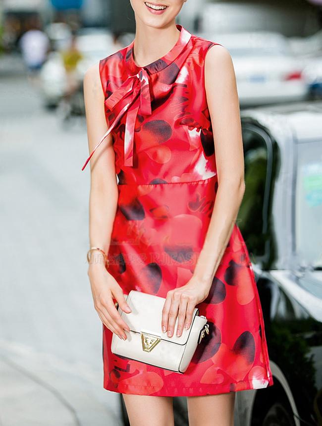 Shein Red Round Neck Sleeveless Bowknot Print Dress