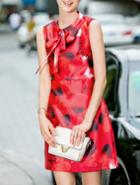 Shein Red Round Neck Sleeveless Bowknot Print Dress