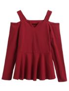 Shein Burgundy Cold Shoulder Peplum T-shirt