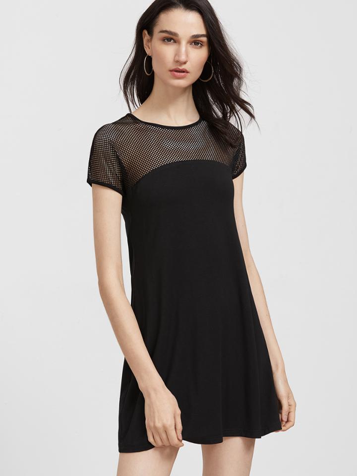 Shein Black Eyelet Mesh Shoulder A Line Tee Dress
