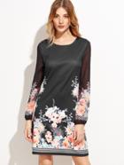 Shein Black Flower Print Sheer Sleeve Shift Dress