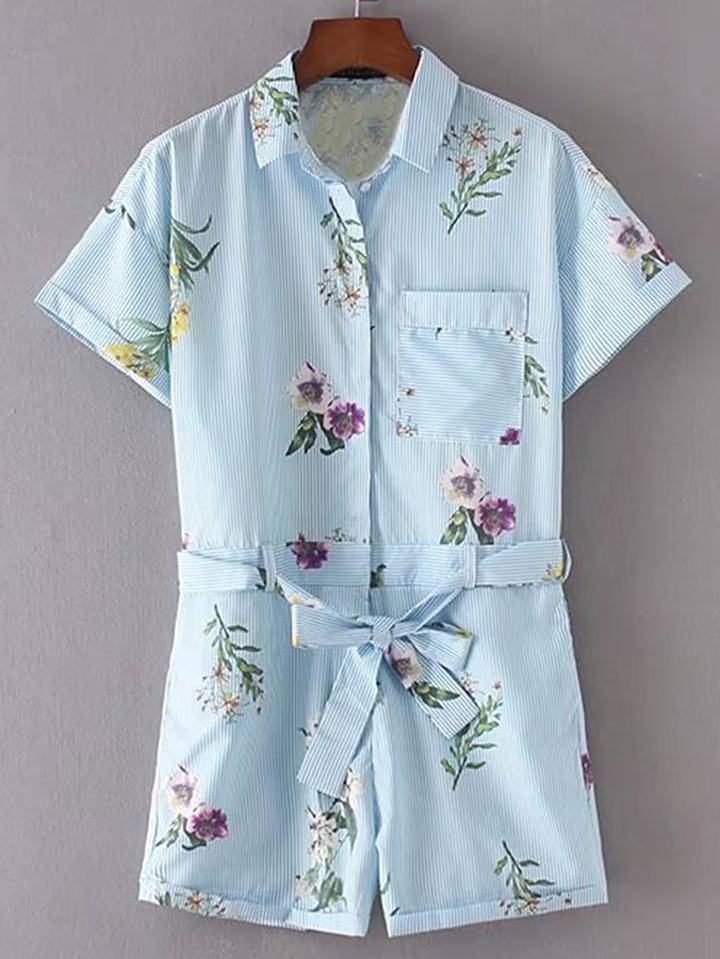 Shein Bow Tie Waist Pinstripe Playsuit