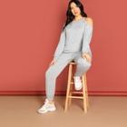 Shein Plus Pearl Beaded Cold Shoulder Pullover & Sweatpants Set
