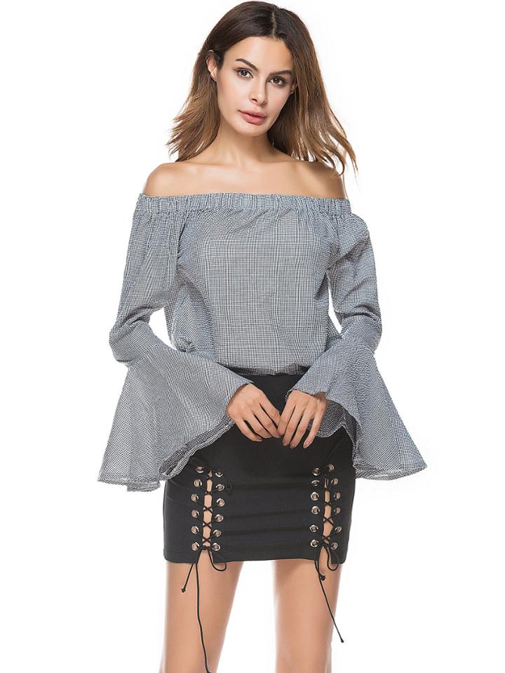 Shein Bardot Trumpet Sleeve Gingham Top