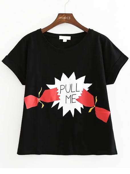 Shein Black Printed Roll Cuff T-shirt