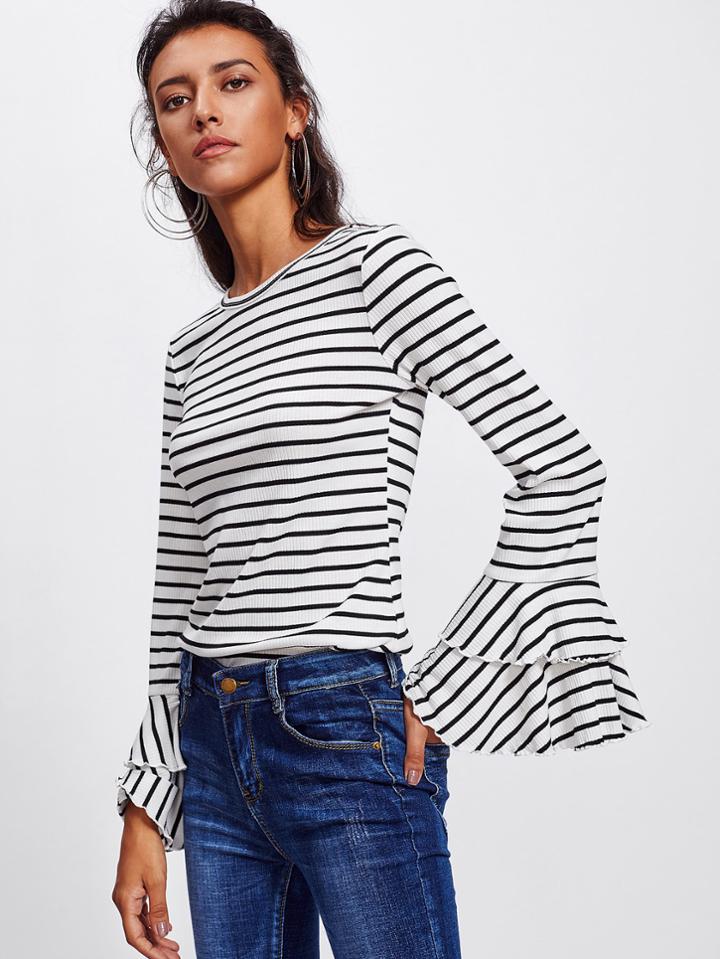 Shein Layered Bell Cuff Rib Knit Striped Tee
