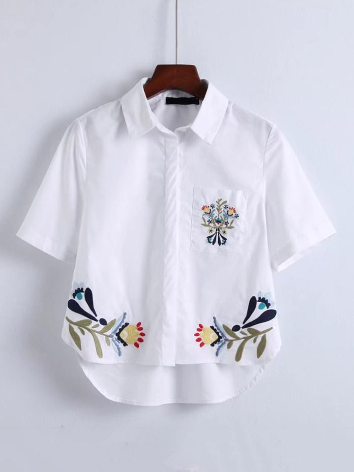 Shein Flower Embroidery Pocket High Low Blouse