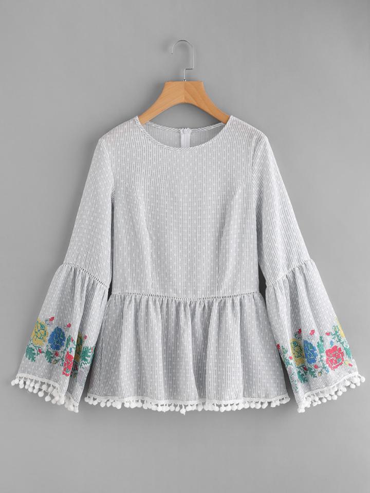 Shein Pom Pom Trim Embroidered Trumpet Sleeve Top