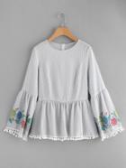 Shein Pom Pom Trim Embroidered Trumpet Sleeve Top