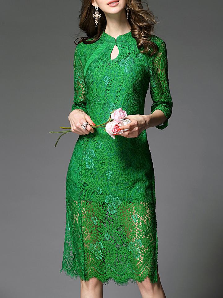 Shein Green Hollow Sheer Lace Shift Dress