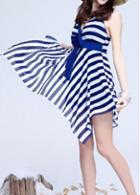 Rosewe Stripe Print Asymmetric Sleeveless Open Back Dress