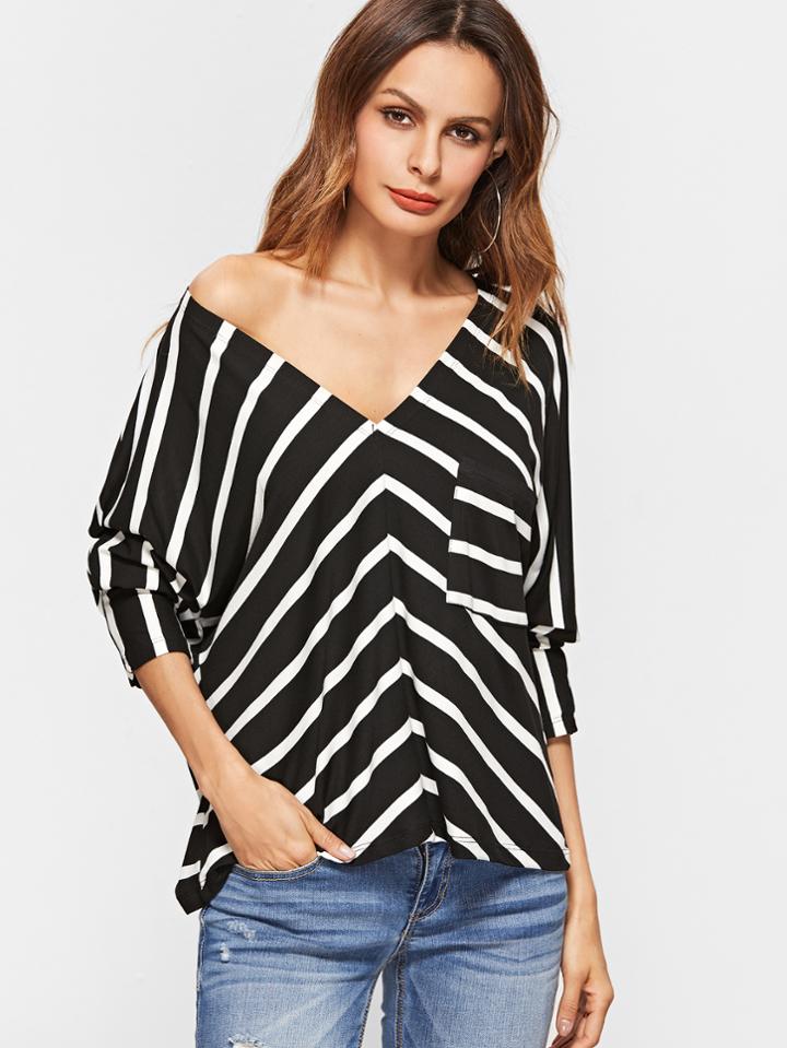 Shein Black Contrast Striped V Neck T-shirt With Pocket