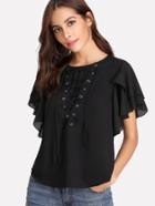 Shein Eyelet Lace Up Flutter Sleeve Top