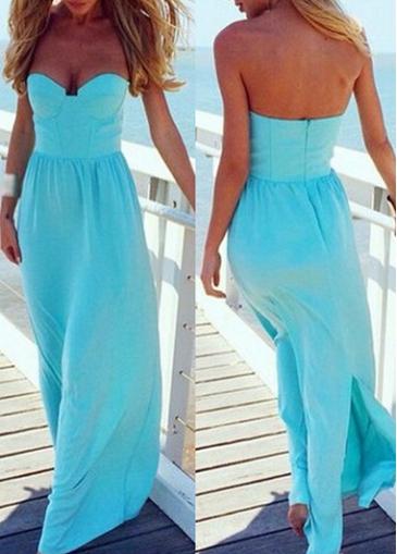 Rosewe Chiffon Open Back Light Blue Maxi Dress