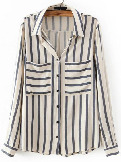 Shein White Navy Vertical Stripe Pockets Blouse