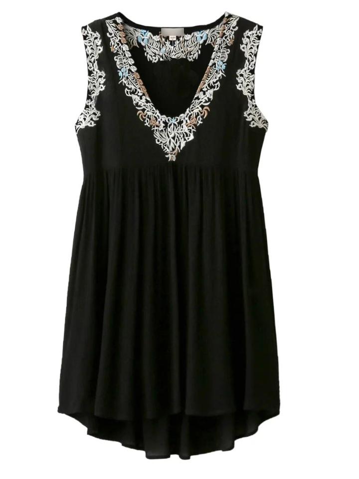 Shein Black Deep V Neck Embroidery Dress With Strap