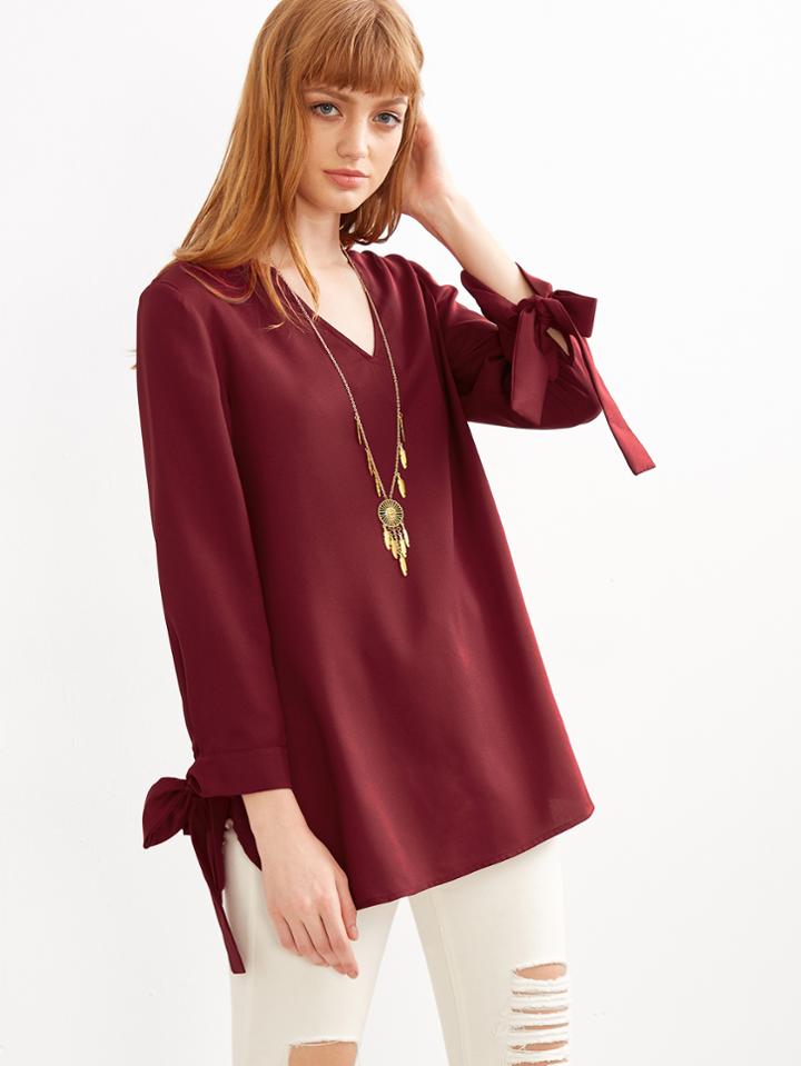 Shein Burgundy V Neck Tie Sleeve Blouse