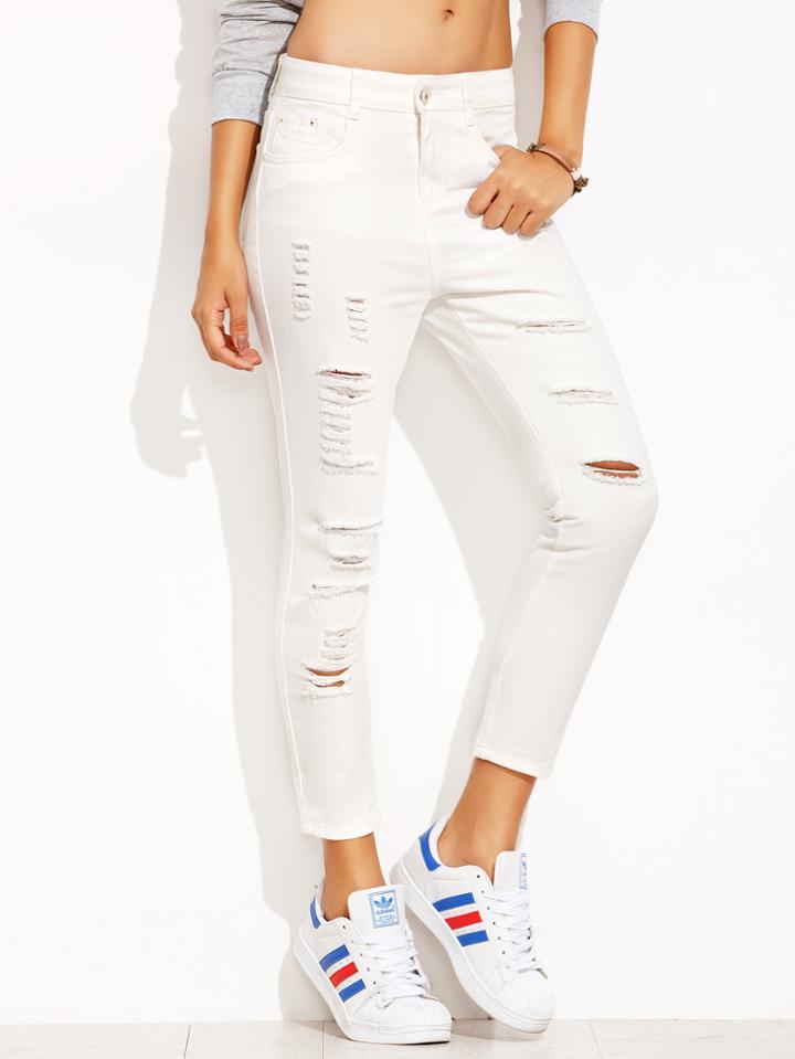 Shein White Ripped Skinny Ankle Jeans