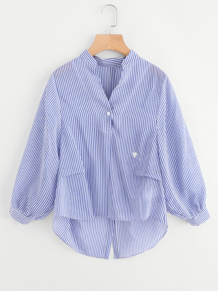 Shein Embroidered Detail Buttoned Back Pinstripe Dip Hem Blouse